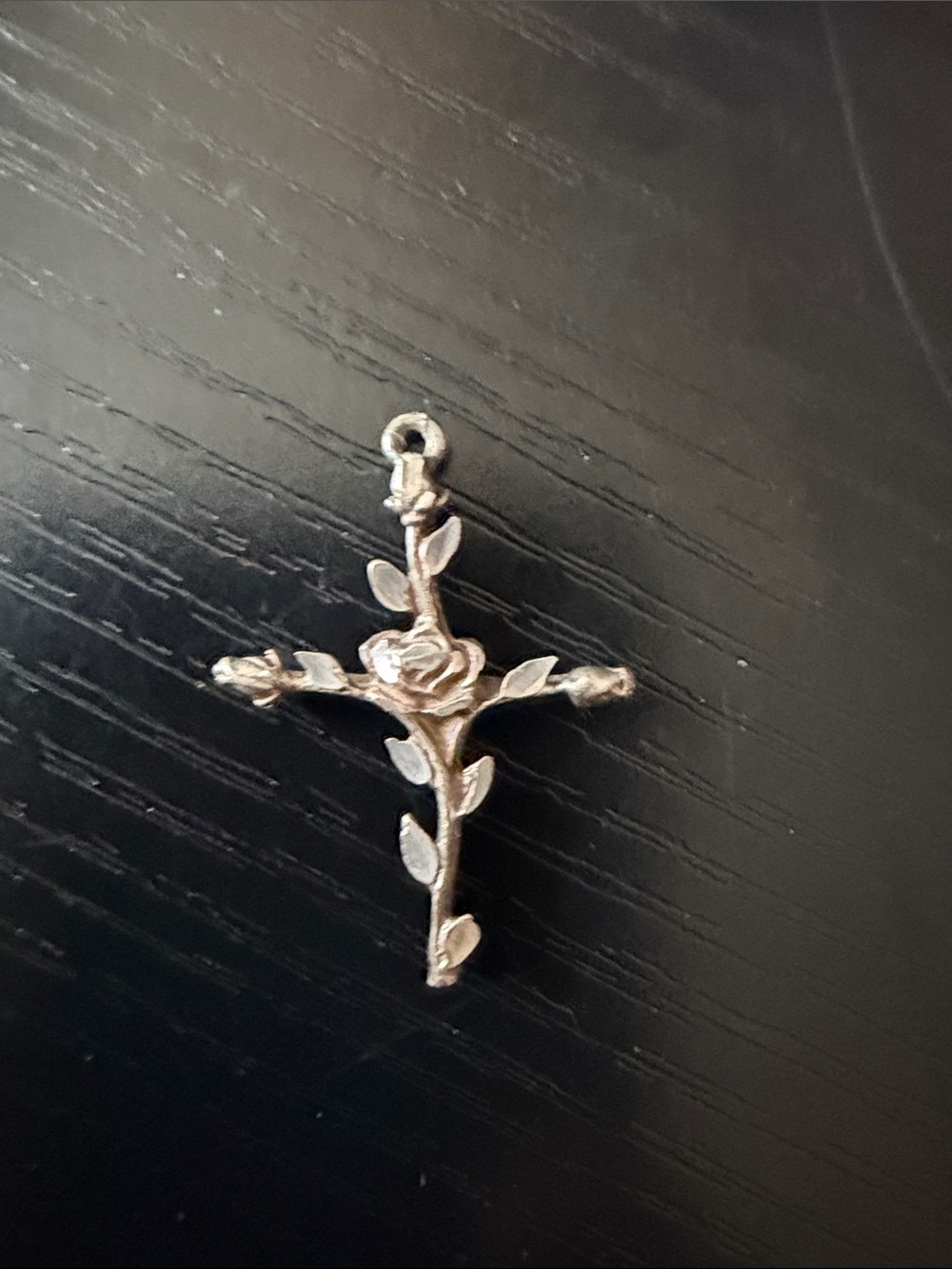Leaf and Rose Cross Pendant in Silver Tone
